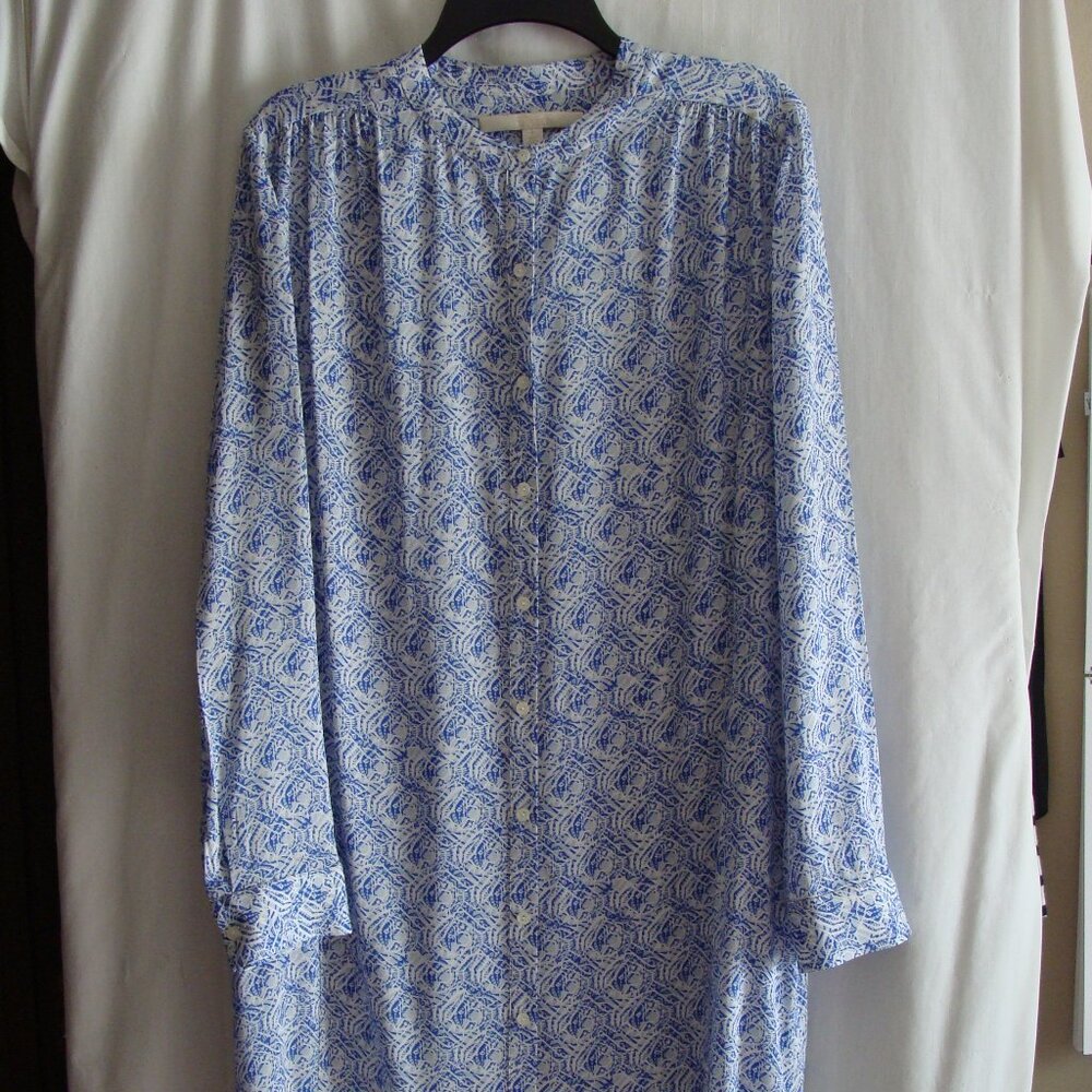 NORDSTROM Collection Blue & White Long Sleeve SILK Blend SHIRTDRESS Sz Medium